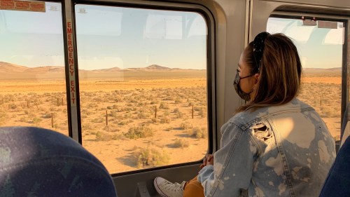 A woman in a denim jacket gazes out a train window at a vast desert landscape.