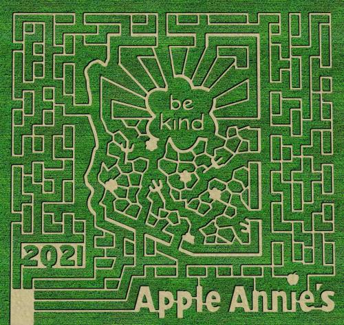 A green maze design featuring the words "be kind" and "Apple Annies 2021" at the bottom.