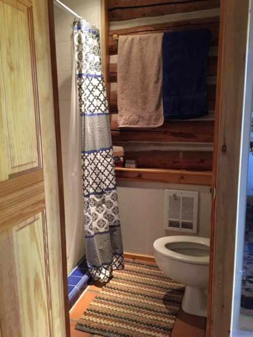 A small bathroom featuring a shower curtain, towels, a toilet, and a patterned rug on a wooden floor.