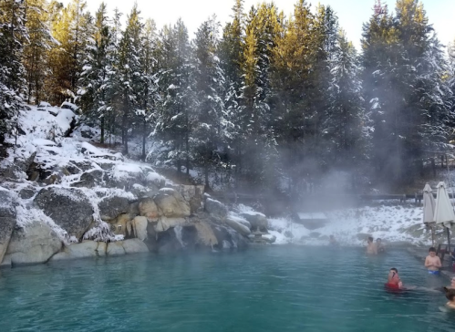 A steaming hot spring surrounded by snowy trees, with people relaxing in the warm water.
