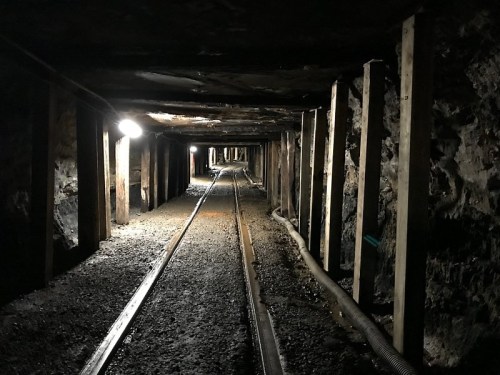 Dimly lit underground mine tunnel with wooden supports and railway tracks curving into the distance.