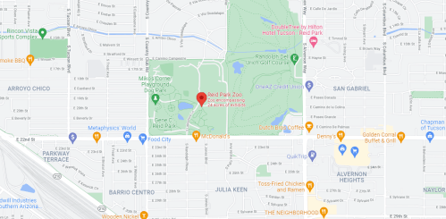 Map showing the location of Red Park Zoo in Tucson, Arizona, with nearby streets and landmarks.
