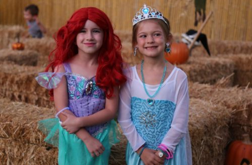 Two young girls in colorful costumes, one as a mermaid and the other as a princess, smiling in a pumpkin patch.