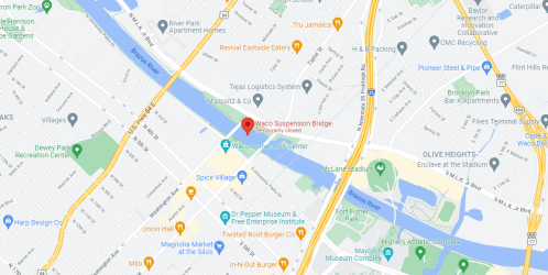 Map showing the Waco Suspension Bridge and surrounding landmarks in Waco, Texas, including parks and museums.