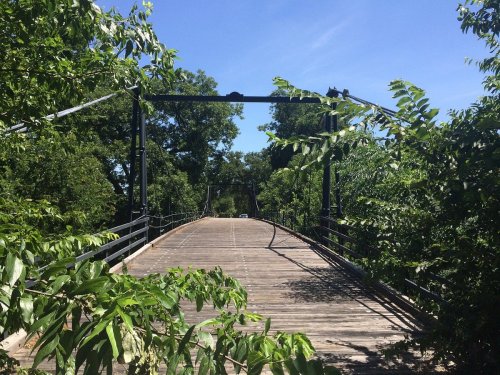 A wooden bridge surrounded by lush green trees under a clear blue sky.