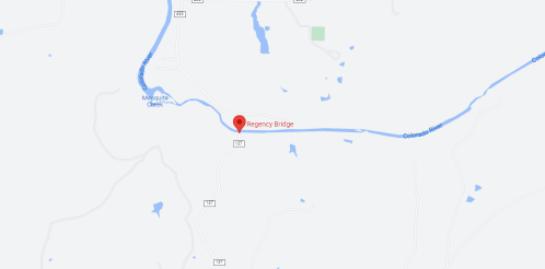 Map showing Regency Bridge location, with nearby roads and water features in a rural area.