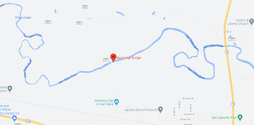 Map showing the location of Beveridge Bridge, with winding river and nearby roads in San Saba, Texas.