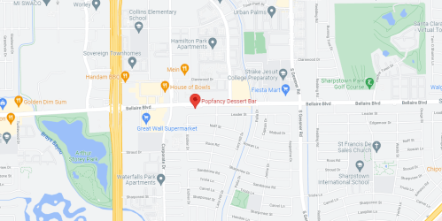 Map showing the location of PopFancy Dessert Bar on Delancey Boulevard, near various local landmarks and businesses.