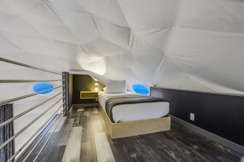 Cozy loft bedroom with a unique, curved ceiling and large round windows, featuring a bed and bedside lamp.