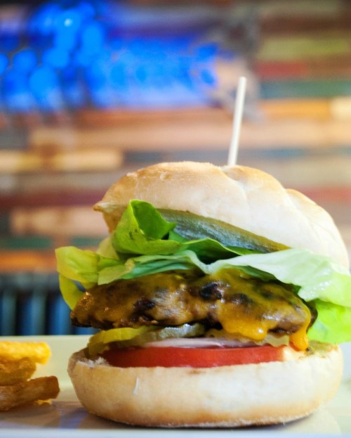 A close-up of a cheeseburger with lettuce, tomato, and pickles, served with a side of fries.