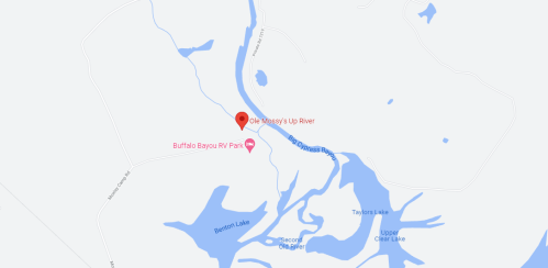 Map showing the location of One Mosby's Lip River near Buffalo Bayou RV Park and surrounding lakes.