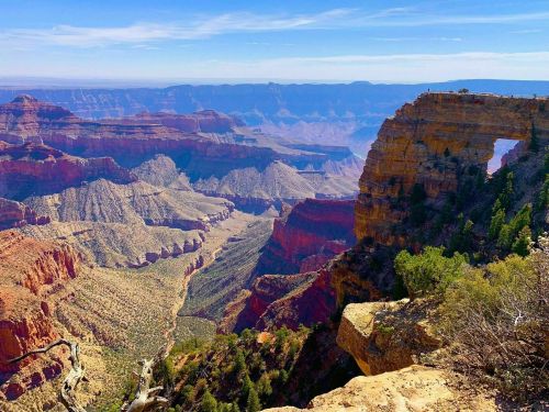 A panoramic view of the Grand Canyon, showcasing layered rock formations and vibrant colors under a clear blue sky.