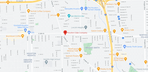Map showing the location of Houston Cider Company, near various local businesses and landmarks in Houston Heights.