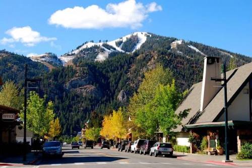 A scenic view of a mountain with snow, surrounded by trees and a street lined with cars and buildings.