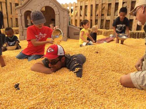 A man lies in a pile of corn kernels while children play and scoop corn around him in a festive setting.