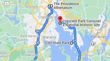 Map showing a route from The Providence Athenaeum to Crescent Park Carousel and Colt State Park in Rhode Island.