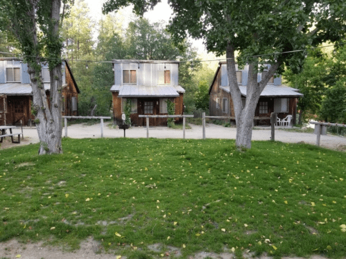 Two rustic cabins surrounded by trees and a grassy area, with a dirt path leading between them.