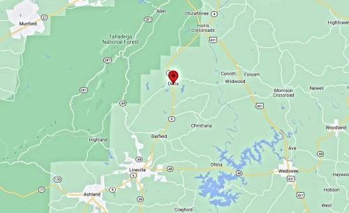 Map showing a location marked in red near the town of Dale in Alabama, surrounded by green areas and roads.