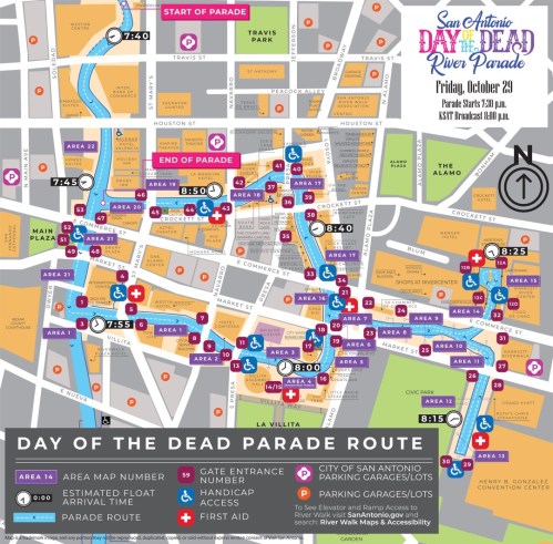 Map of San Antonio's Day of the Dead River Parade route, including access points and parking information for October 29.