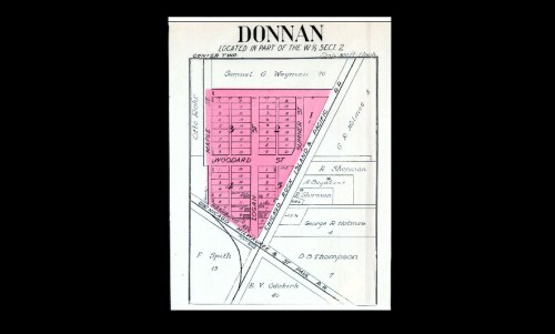 Map of Donnan, highlighting sections in pink, with street names and lot numbers labeled.
