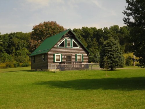 A rustic wooden house with a green roof, surrounded by a grassy lawn and trees in the background.