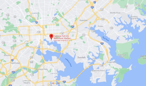 Map showing the location of Admiral Fell Inn in Baltimore Harbor, with nearby roads and water features.