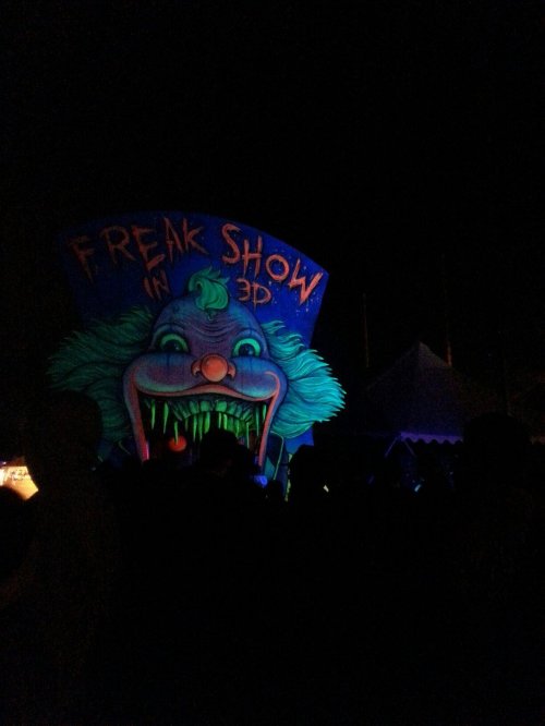 A brightly colored, eerie clown face with the text "Freak Show in 3D" against a dark background, surrounded by silhouettes of people.