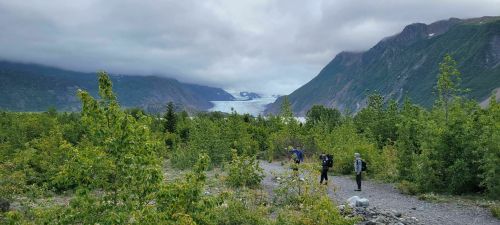 Three hikers on a rocky path surrounded by greenery, with a glacier and mountains in the background under a cloudy sky.