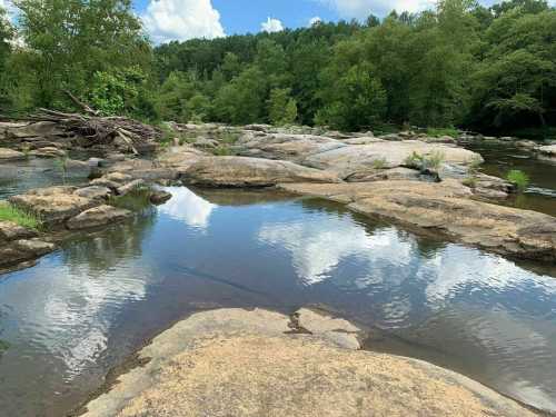 A serene landscape featuring smooth rocks and a calm pool of water reflecting clouds and surrounding greenery.