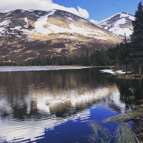 A serene lake reflects snow-capped mountains and a blue sky, surrounded by evergreen trees and rocky terrain.