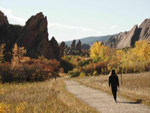 A person walks along a path through a rocky landscape with autumn foliage and mountains in the background.