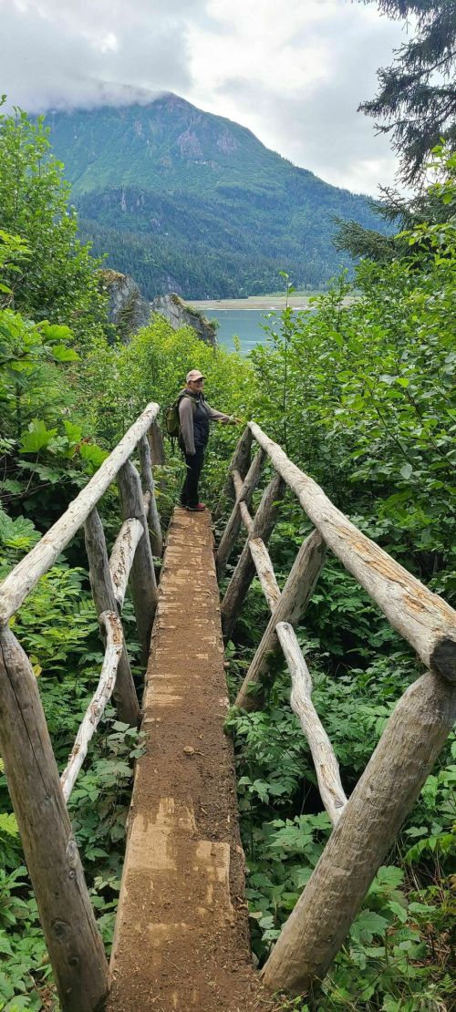 A person stands on a wooden bridge surrounded by lush greenery, with a mountain and lake in the background.