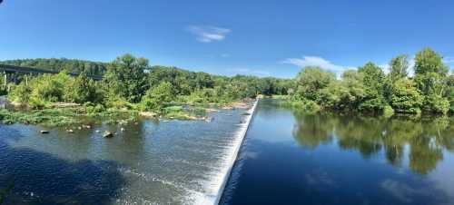 A serene river scene with a waterfall, lush greenery, and a clear blue sky.