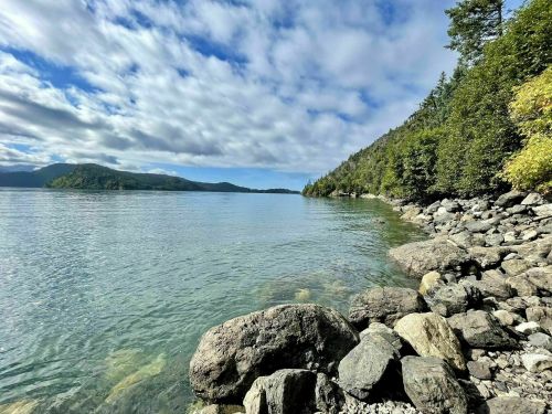A serene lakeside view with clear water, rocky shore, and lush green trees under a partly cloudy sky.