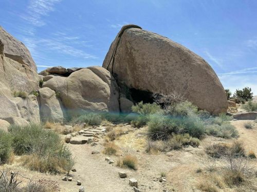 A large boulder sits among smaller rocks and sparse vegetation under a clear blue sky.
