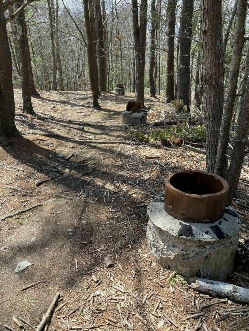A forest path with scattered rusty metal structures on stone bases, surrounded by trees and fallen leaves.
