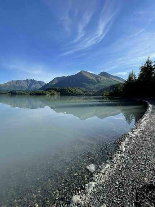 A serene lake reflects mountains under a clear blue sky, with a rocky shoreline and lush trees in the background.