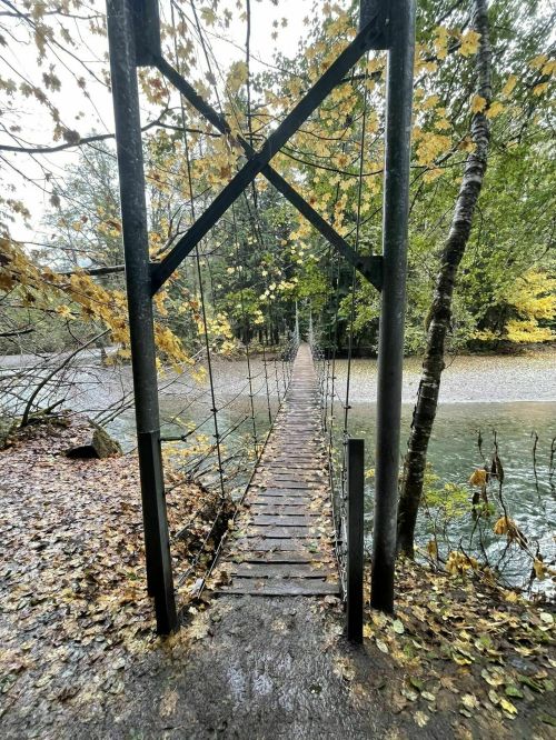 A narrow suspension bridge surrounded by trees and autumn leaves, leading over a calm river.