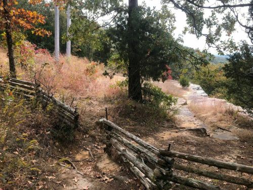 A winding dirt path bordered by a rustic wooden fence, surrounded by autumn foliage and trees.