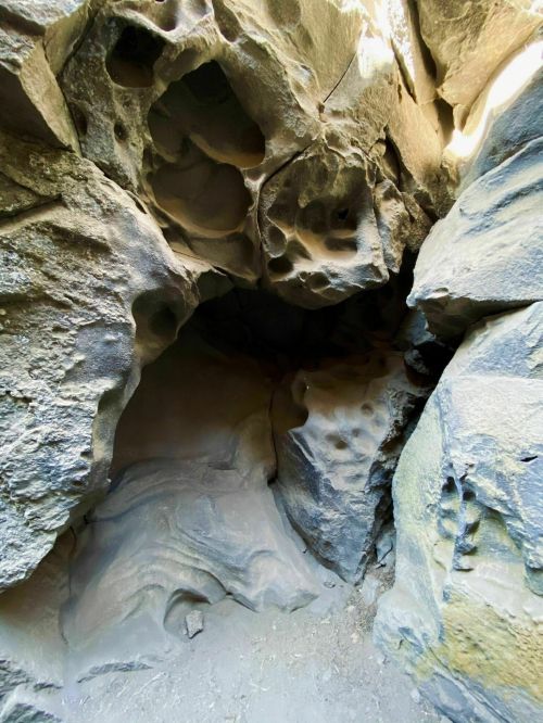 A rocky cave interior with textured walls and rounded indentations, illuminated by soft natural light.