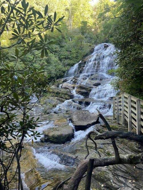 A serene waterfall cascades over rocks, surrounded by lush greenery and trees, with a wooden railing in the foreground.