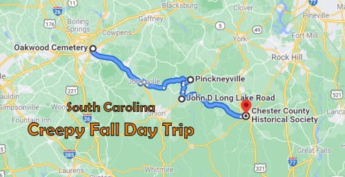 Map showing a route for a "Creepy Fall Day Trip" in South Carolina, highlighting Oakwood Cemetery and Chester County Historical Society.