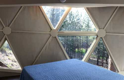 Interior of a geodesic dome with a blue bedspread and large windows showcasing a forest view.