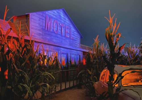 A colorful, eerie motel surrounded by tall corn stalks and a vintage car, illuminated with vibrant lights at dusk.
