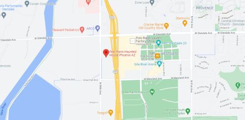 Map showing the location of the Fear Farm Haunted House in Phoenix, AZ, near major roads and landmarks.