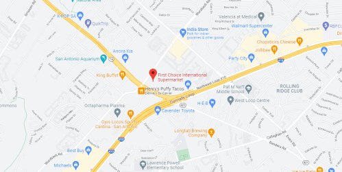 Map showing the location of First Choice International Supermarket near major roads and nearby landmarks in San Antonio.