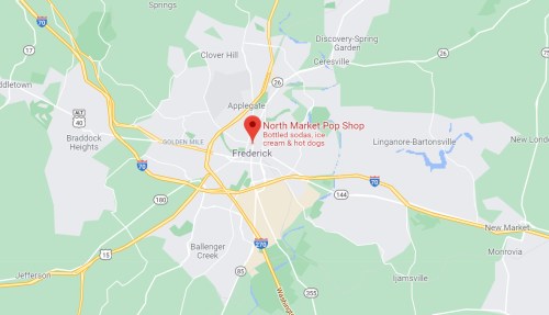 Map showing Frederick, Maryland, with a marker for North Market Pop Shop, offering sodas, ice cream, and hot dogs.