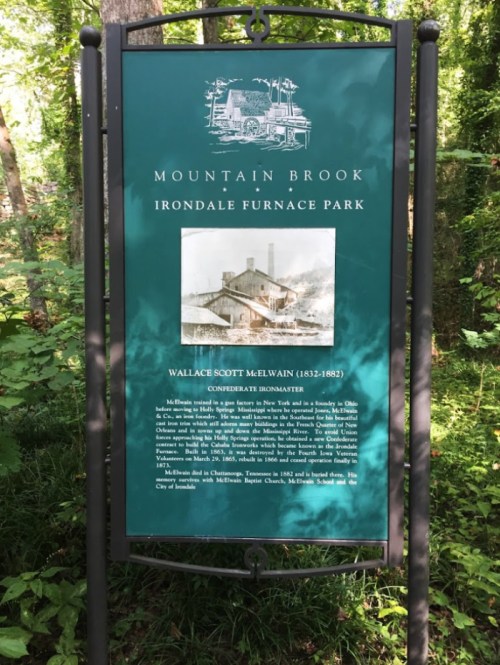 Sign for Mountain Brook Irondale Furnace Park, featuring a photo of Wallace Scott McElwain, a Confederate ironmaster.