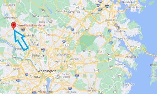Map showing the location of Gemelli's Italian Market, marked with a red pin and an arrow, near Washington, D.C.