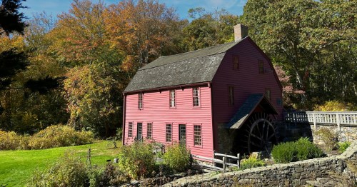 exterior of the gilbert stuart museum red barn in saunderstown Rhode Island during early fall
